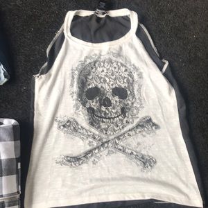 White skull high neck tank top with mesh back